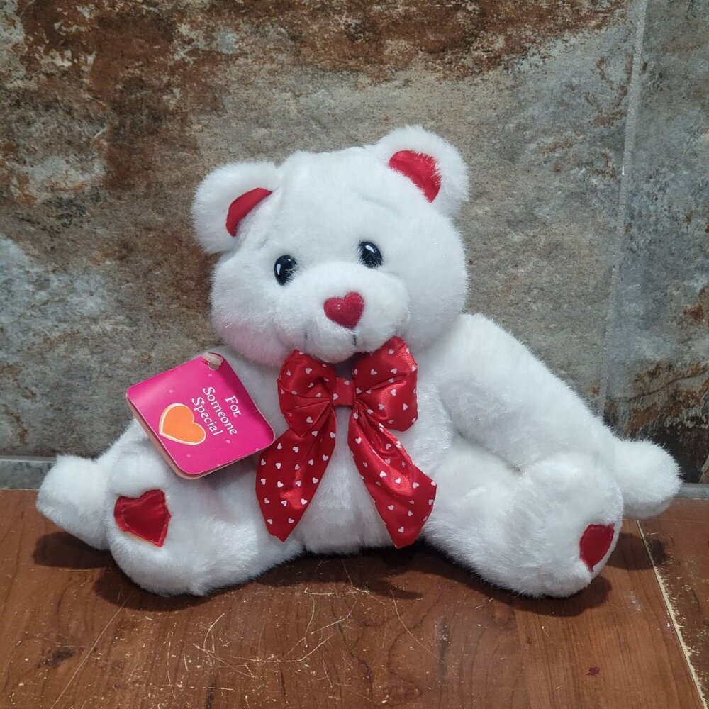 Fun World White Valentines Teddy Bear Plush Red Heart Patterned Bow